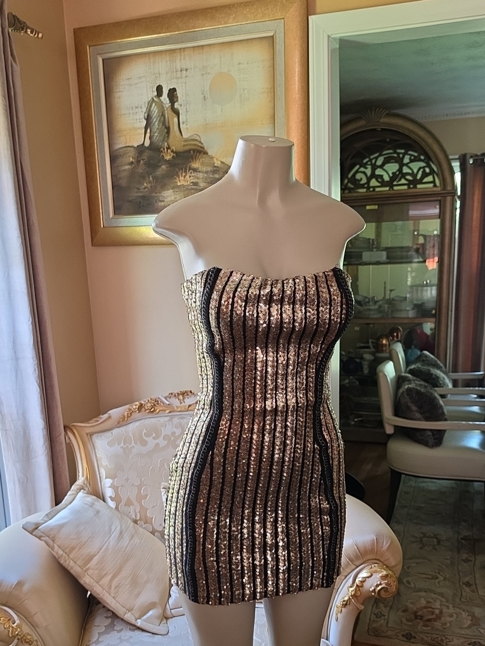 Hera Collection Gold and Black Strapless Sequin Mini Dress
